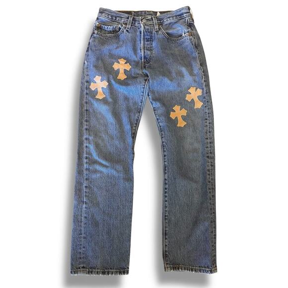 Vintage Levi's 501 " Chrome Hearts " patchwork crosses womens jeans 2000s 00s - Picture 1 of 16